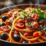 Home 21 Elevate your dinner with our Pasta Puttanesca, a tantalizing Italian dish that combines the bold flavors of tomatoes, olives, and capers.