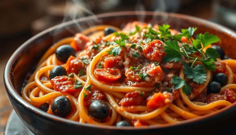 Elevate your dinner with our Pasta Puttanesca, a tantalizing Italian dish that combines the bold flavors of tomatoes, olives, and capers.