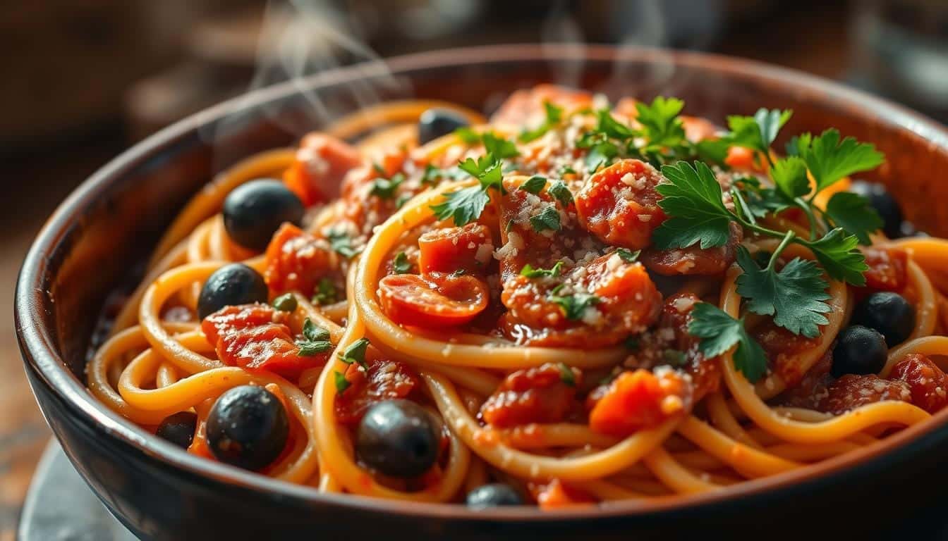 Home 6 Elevate your dinner with our Pasta Puttanesca, a tantalizing Italian dish that combines the bold flavors of tomatoes, olives, and capers.