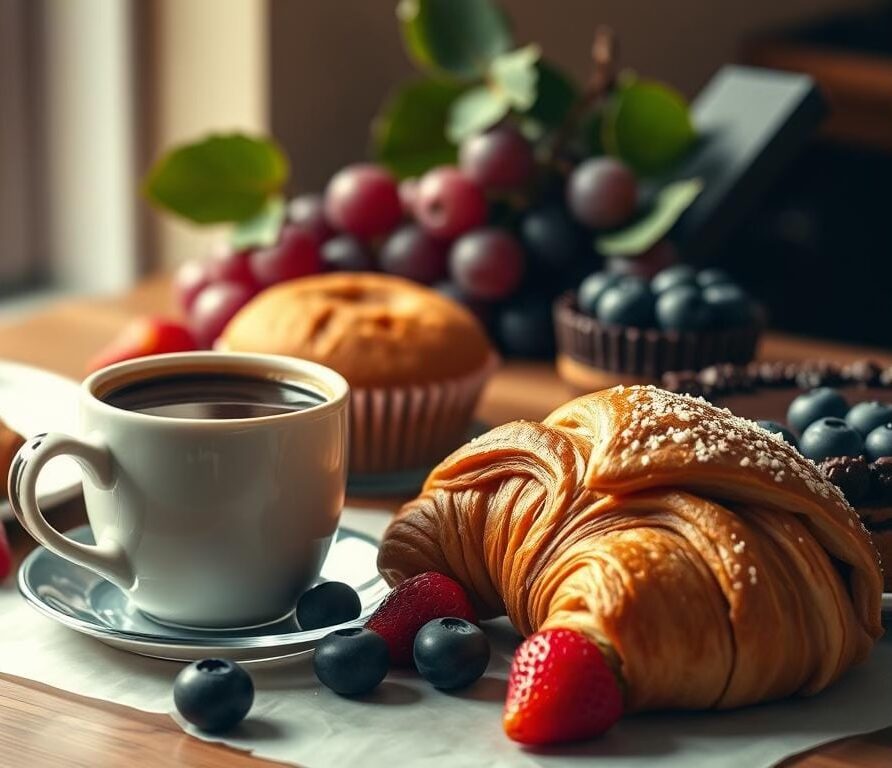 Sweet treats paired with coffee and fresh fruit Sweet treats paired with coffee and fresh fruit