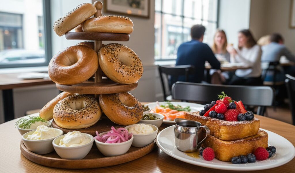 15 Best Breakfast Spots in NYC That Locals Swear By 15 bagels served on a wooden tower with accompaniments, as well as the challah French toast with berries and maple syrup, from Sadelle's
