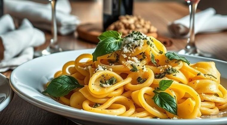 Authentic pasta dishes with herbs and wine glasses Authentic pasta dishes with herbs and wine glasses