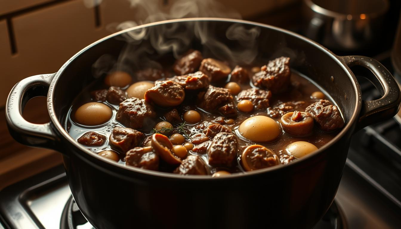 Mastering Beef Bourguignon 2 Slow cooker beef Bourguignon simmering in a Dutch oven