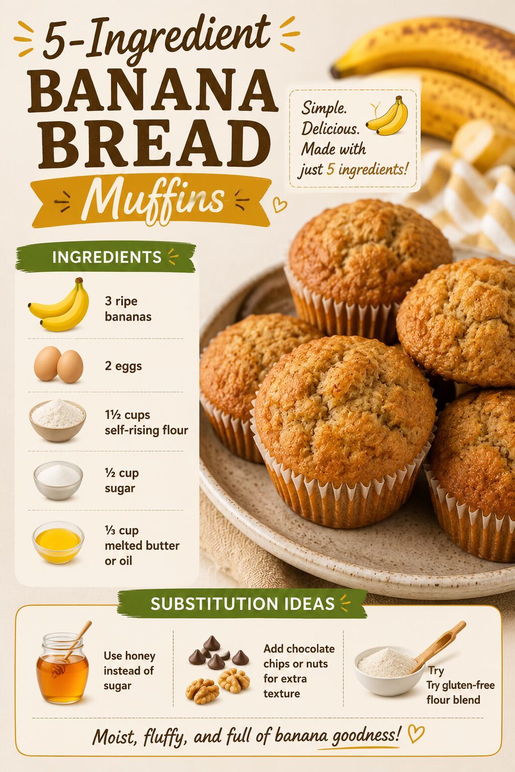 2 Easy Sweet Breakfast Recipes 3 Banana Bread Muffins Recipe Card.