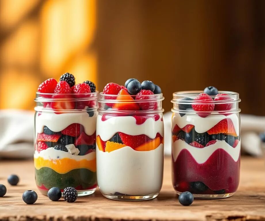 Colorful fruit-based parfaits in glass jars Colorful fruit based parfaits in glass jars.